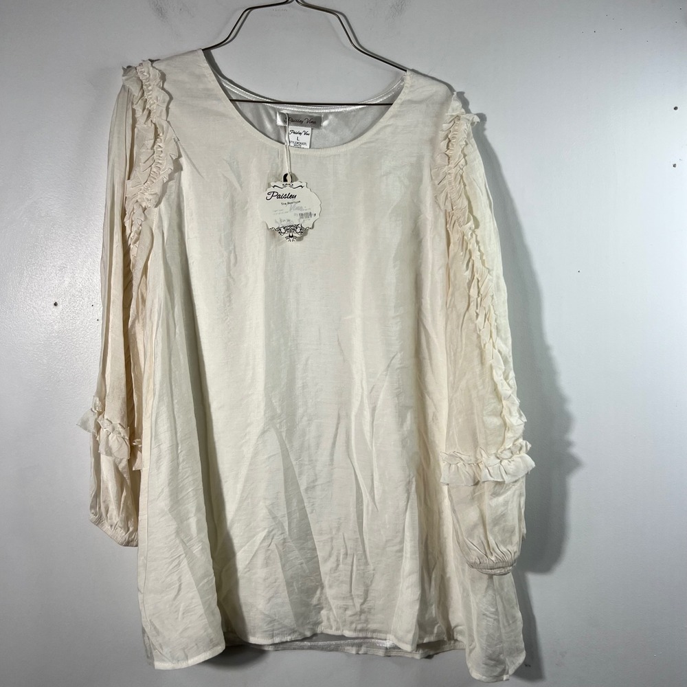 Womens Paisley Vine LIned Tunic Ruffle Sleeve Detail Off white L NWT‎